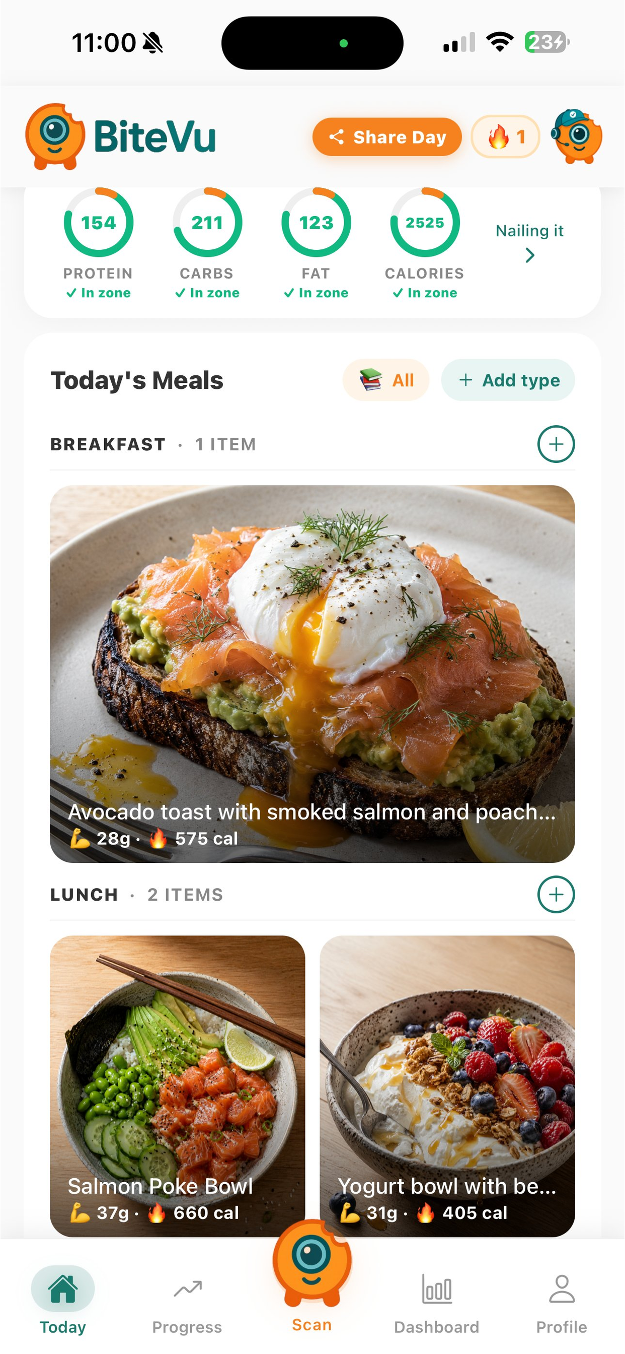 BiteVu Today screen — macro rings and the day's logged meals
